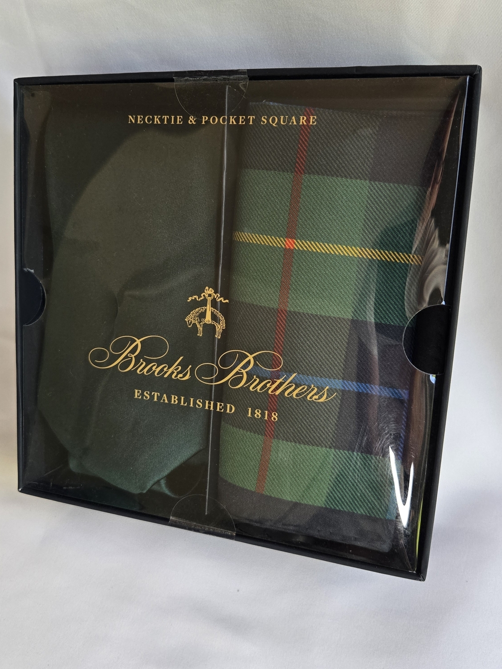 Brooks Brothers Necktie & Pocket Square Set New in Gift Box Green Plaid Tie